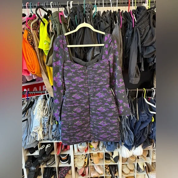 AMUR by Reiss Giulia Mini Dress - Size 4 Elegant Black and Purple Floral Dress - Picture 11 of 14